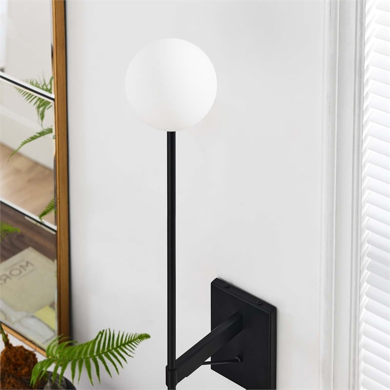 Modway Riva Metal Wall Sconce with Opal White Glass in Black