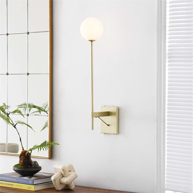 Modway Riva Metal Wall Sconce with Opal White Glass in Satin Brass