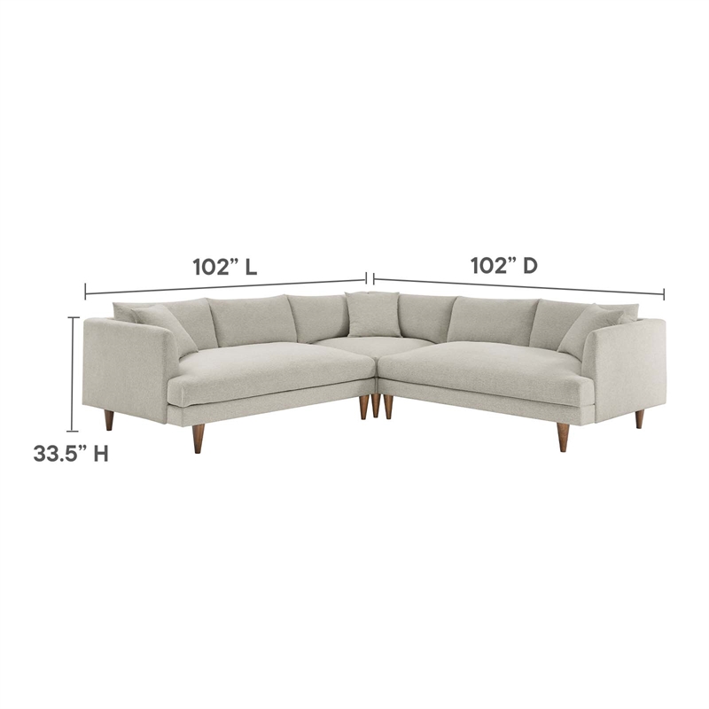 Modway Zoya 3-Piece Fabric Sectional Sofa in Heathered Weave Ivory