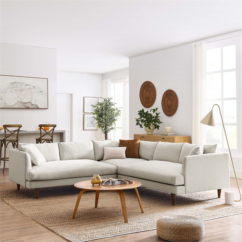 Modway Zoya 3-Piece Fabric Sectional Sofa in Heathered Weave Ivory