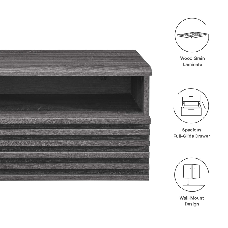 Modway Render 1-Drawer Wall-Mount Modern Wood Nightstand in Charcoal