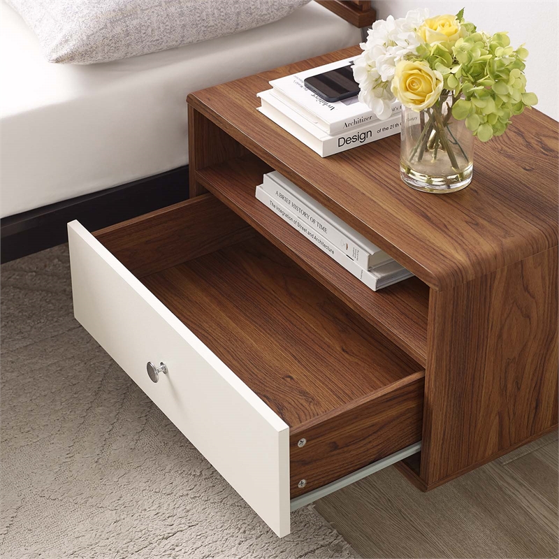 Modway Transmit 1-Shelf Wall Mount Wood & Metal Nightstand in Walnut/White