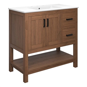 Modway Ashlyn 36&quot Wood Bathroom Vanity with Open Shelf in Walnut and White