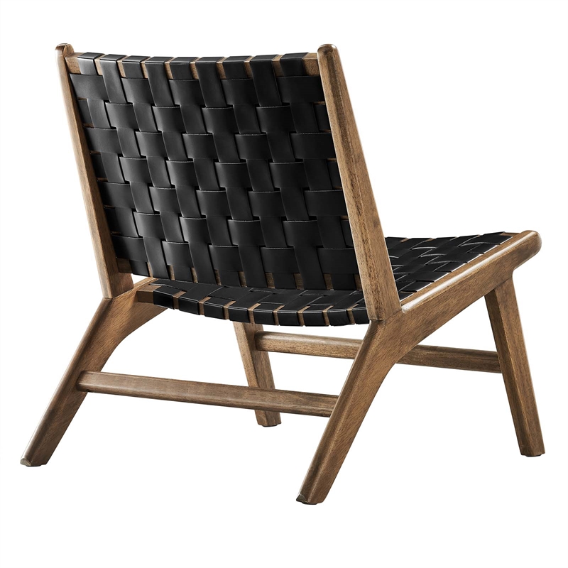 Modway Saoirse Woven Leather & Wood Accent Lounge Chair in Black and Walnut