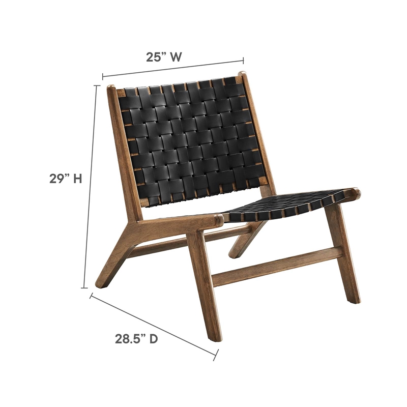 Modway Saoirse Woven Leather & Wood Accent Lounge Chair in Black and Walnut