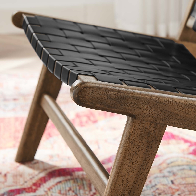 Modway Saoirse Woven Leather & Wood Accent Lounge Chair in Black and Walnut