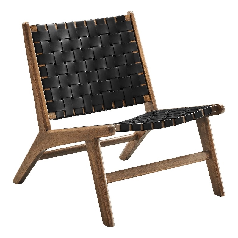 Modway Saoirse Woven Leather & Wood Accent Lounge Chair in Black and Walnut