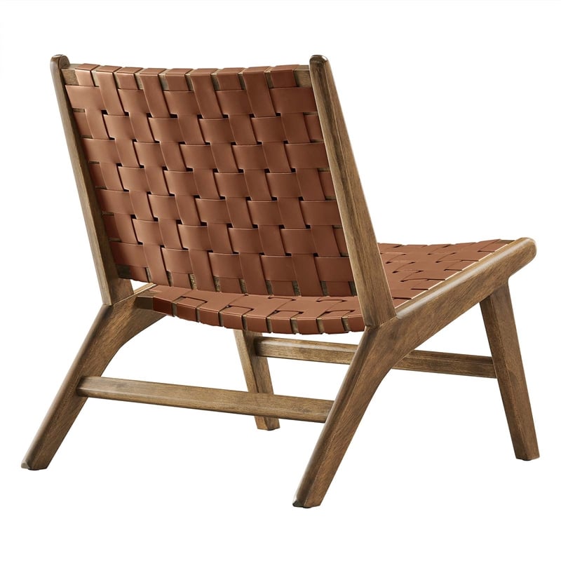 Modway Saoirse Woven Leather & Wood Accent Lounge Chair in Walnut/Brown