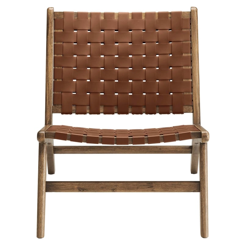 Modway Saoirse Woven Leather & Wood Accent Lounge Chair in Walnut/Brown