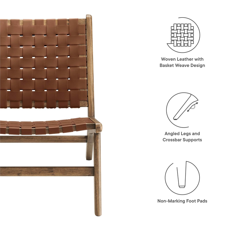 Modway Saoirse Woven Leather & Wood Accent Lounge Chair in Walnut/Brown