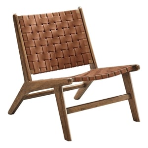 Modway Saoirse Woven Leather & Wood Accent Lounge Chair in Walnut/Brown