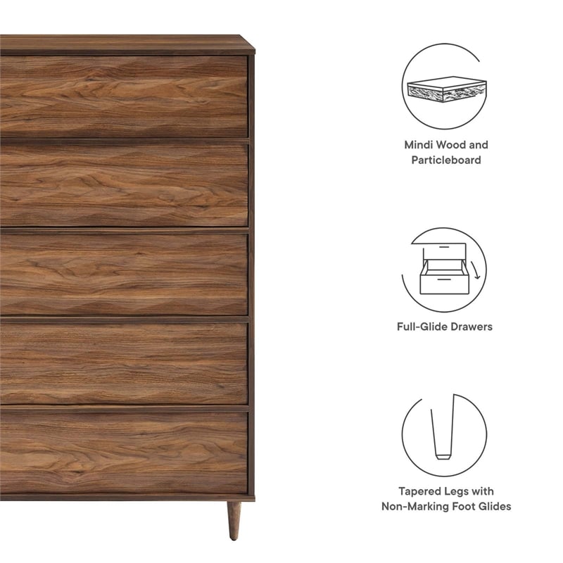 Modway Vespera Contemporary Modern Wood Storage 5-Drawer Chest in Walnut