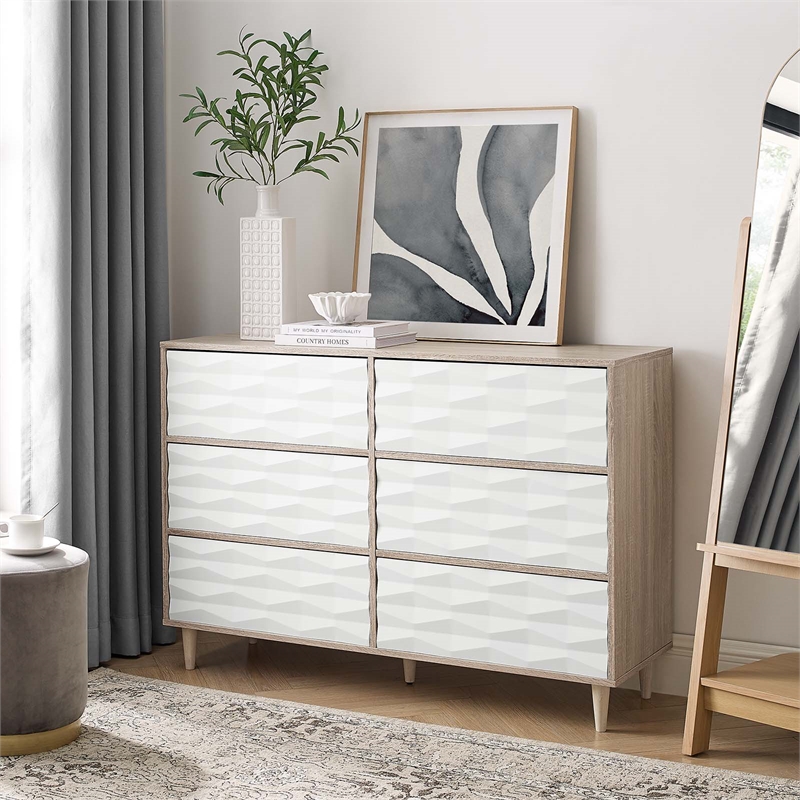Modway Vespera Mindi Wood 6-Drawers Bedroom Dresser in Oak White