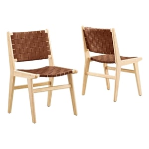 Modway Saoirse 17.5&quot Woven Leather Dining Side Chair in Natural/Brown (Set of 2)