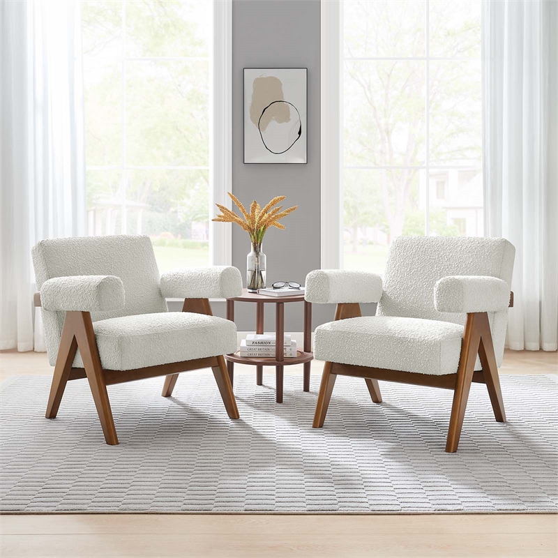 Modway Lyra Upholstered Modern Boucle Fabric Armchair in Ivory (Set of 2)