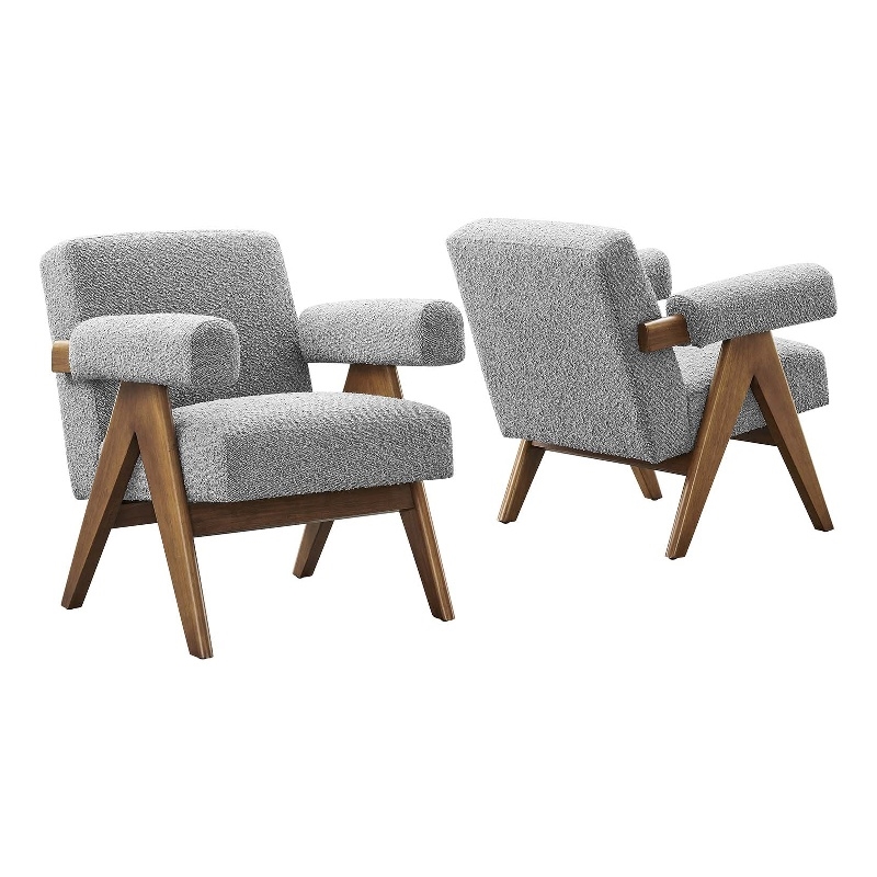 Modway Lyra Upholstered Modern Boucle Fabric Armchair in Light Gray (Set of 2)