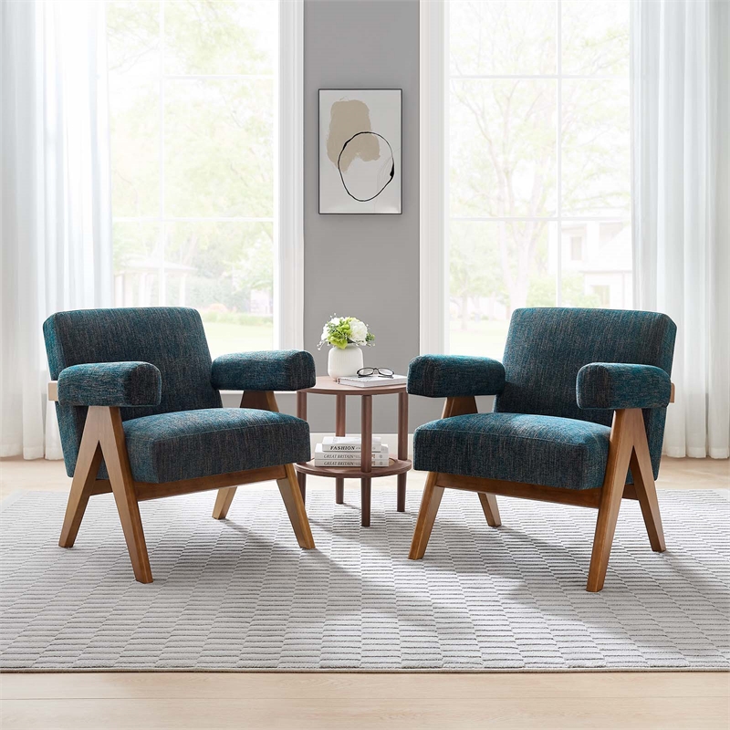 Modway Lyra Upholstered Modern Heathered Fabric Armchair in Azure (Set of 2)