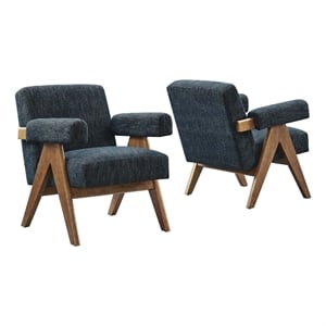 Modway Lyra Upholstered Modern Heathered Fabric Armchair in Azure (Set of 2)