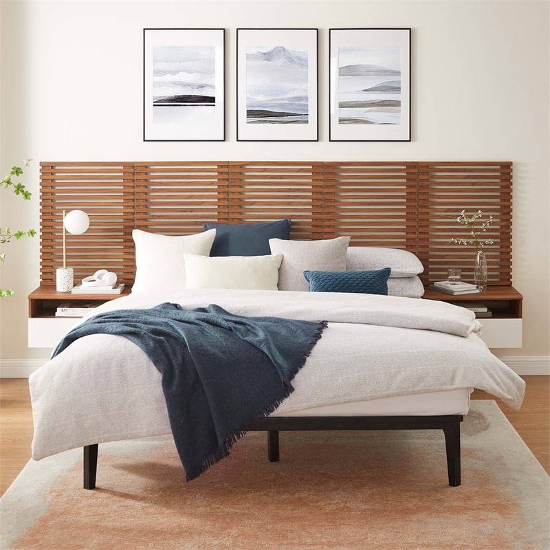 Modway Render Modern Wood Queen Headboard and Nightstands in Walnut