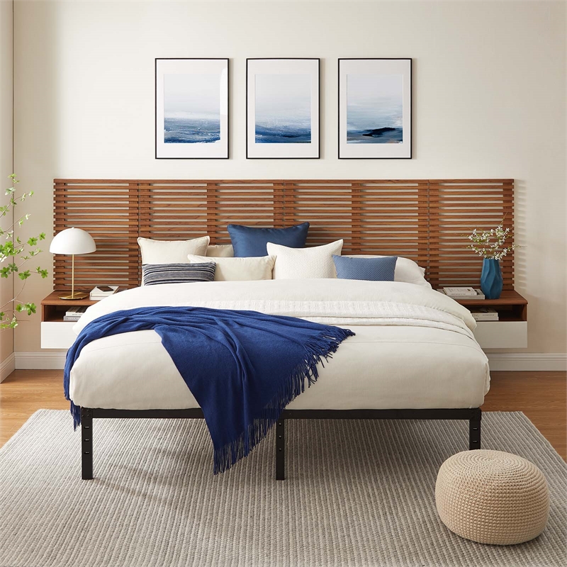 Modway Render Modern Wood King Headboard and Nightstands in Walnut