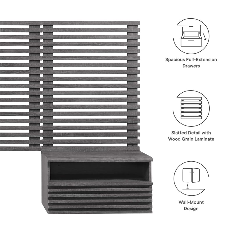 Modway Render Modern Wood Twin Headboard and Nightstands in Charcoal