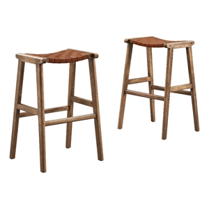 Modway Saoirse 29.5&quot Woven Leather & Wood Bar Stool in Brown/Walnut (Set of 2)