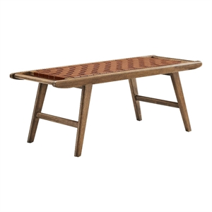 Modway Saoirse 17.5&quot Woven Leather & Wood Bench in Brown and Walnut
