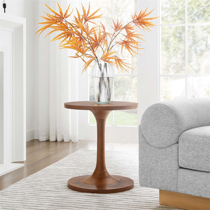 Modway Lina Round Wood Side Table with Tapered Pedestal Base in Walnut
