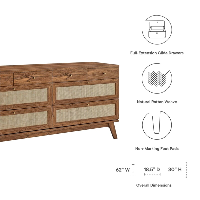 Modway Soma Rattan Weave/Engineered Wood 8-Drawer Bedroom Dresser in Walnut