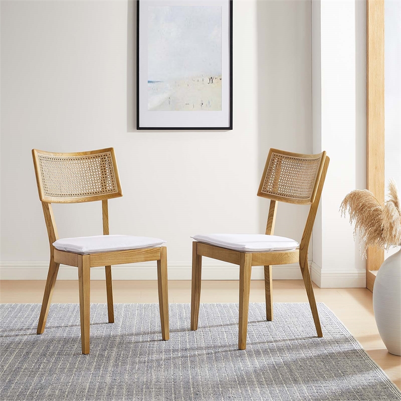 Caledonia Fabric Upholstered Wood Dining Chair Set of 2 in Natural White