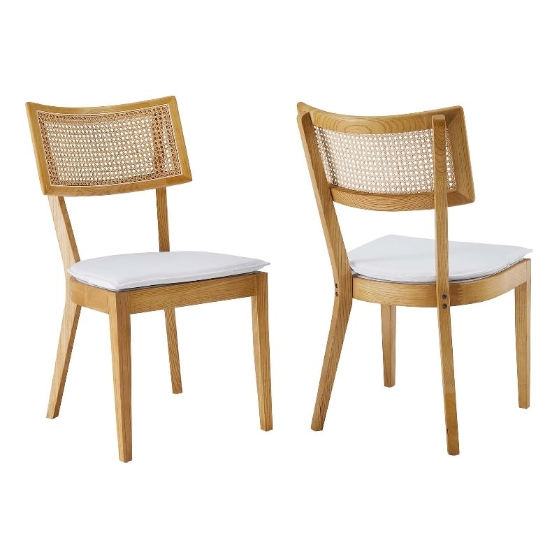 Caledonia Fabric Upholstered Wood Dining Chair Set of 2 in Natural White