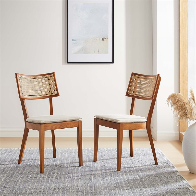 Caledonia Fabric Upholstered Wood Dining Chair Set of 2 in Walnut Beige
