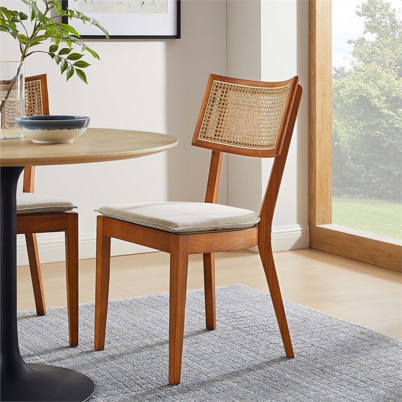 Caledonia Fabric Upholstered Wood Dining Chair Set of 2 in Walnut Beige