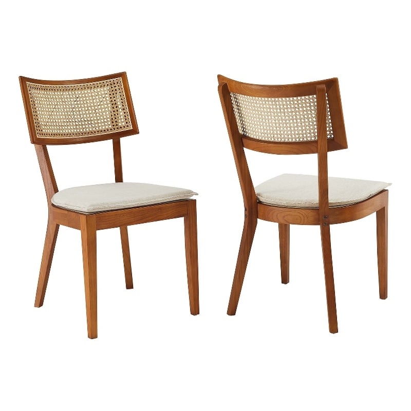 Caledonia Fabric Upholstered Wood Dining Chair Set of 2 in Walnut Beige