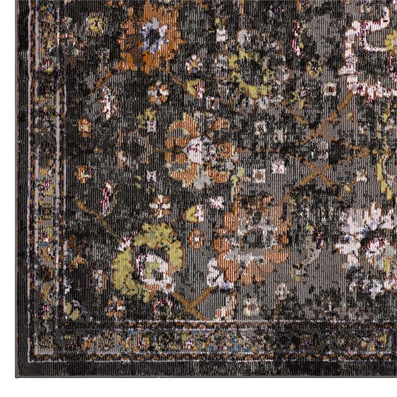 Minu Distressed Floral Lattice 4x6 Area Rug in Black Yellow and Orange