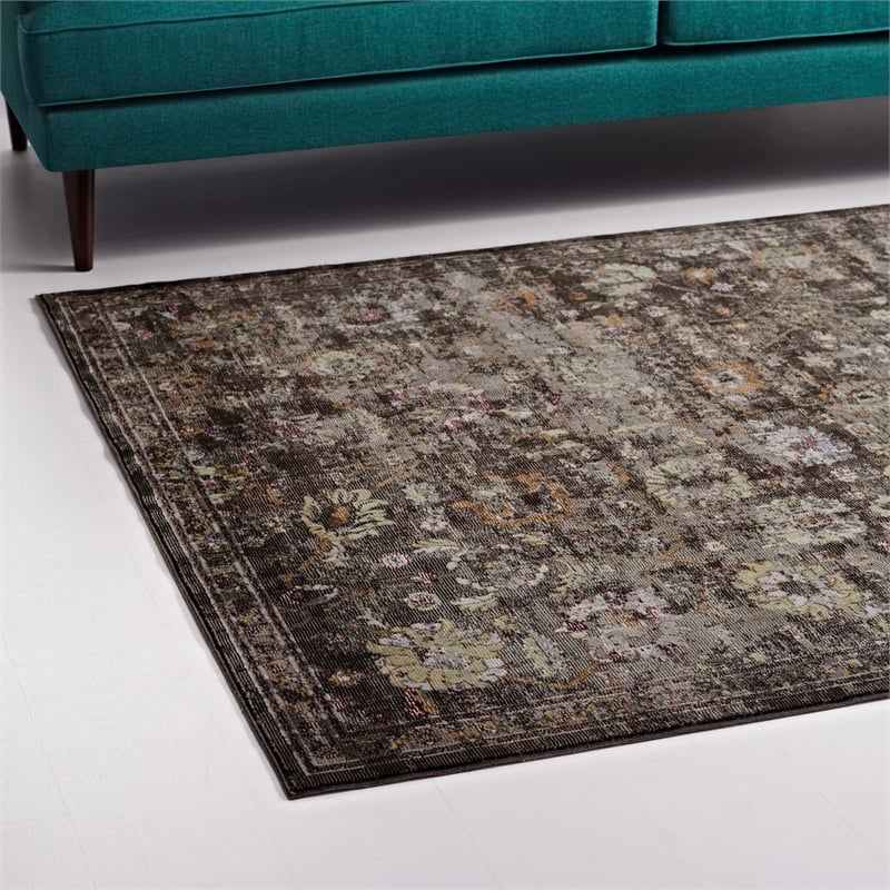 Minu Distressed Floral Lattice 4x6 Area Rug in Black Yellow and Orange