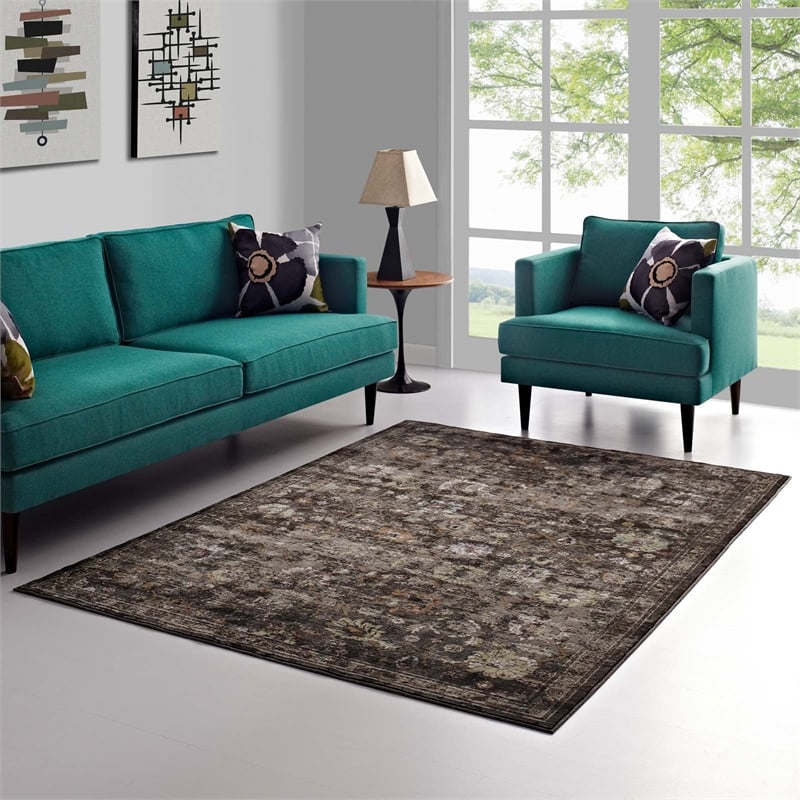 Minu Distressed Floral Lattice 4x6 Area Rug in Black Yellow and Orange