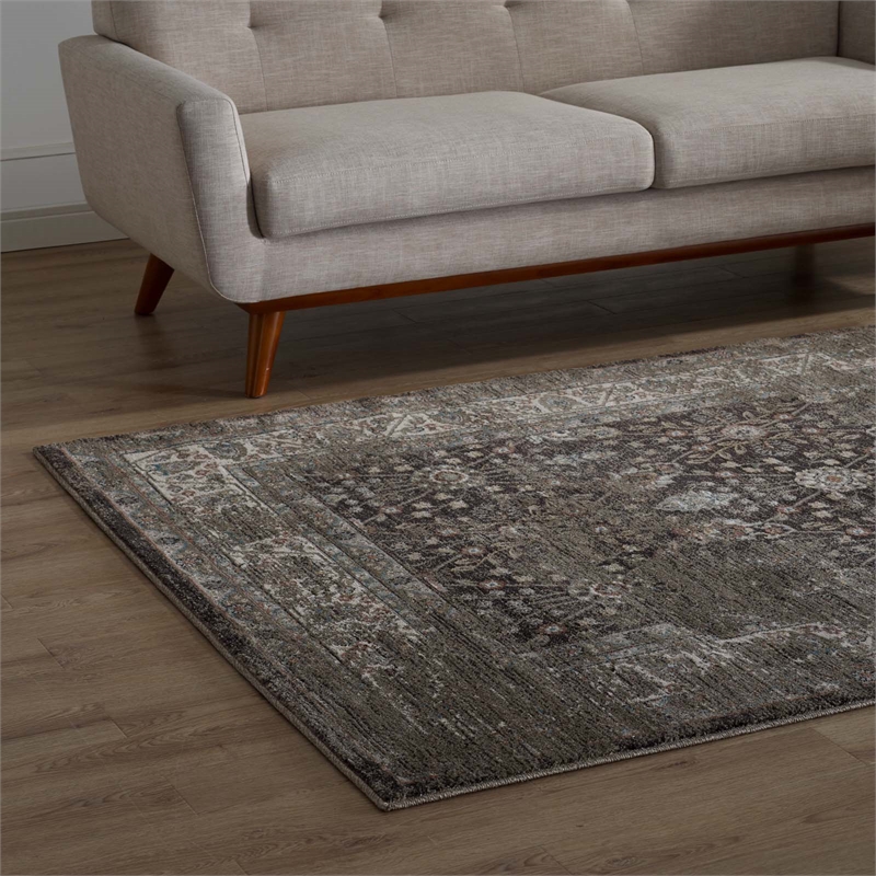 Berit Distressed Vintage Floral Lattice 5x8 Area Rug in Brown and Beige