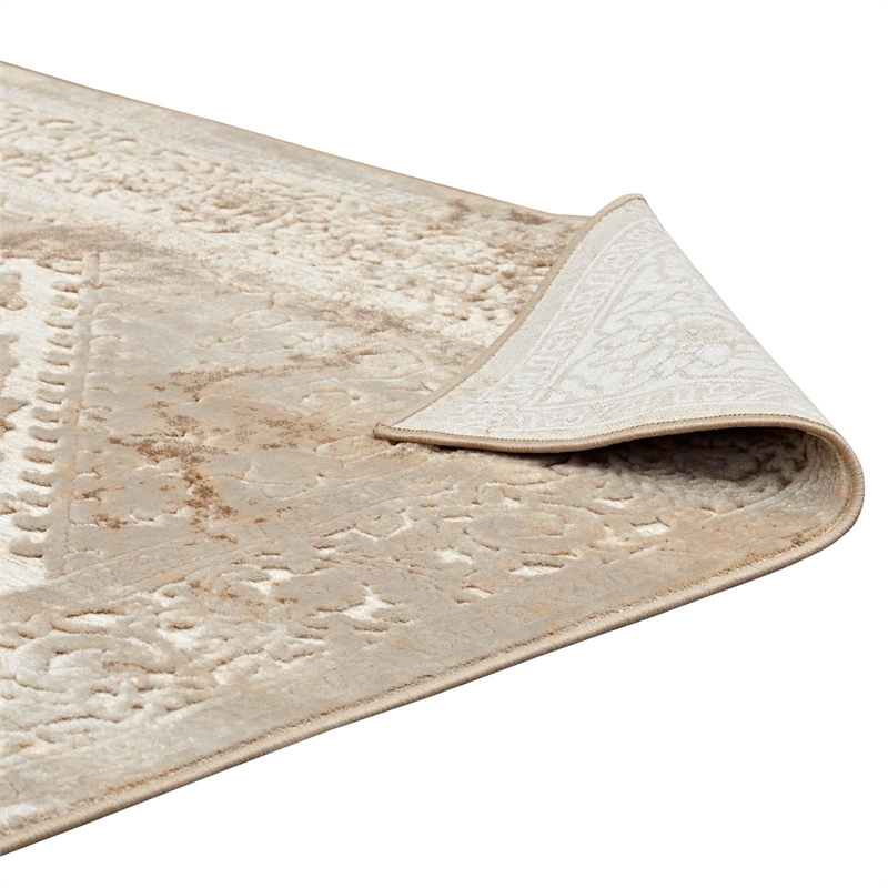 Rosina Distressed Vintage Medallion 5x8 Area Rug in Tan and Cream