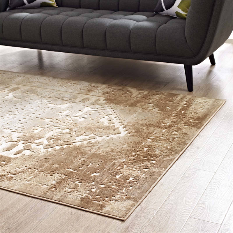 Rosina Distressed Vintage Medallion 5x8 Area Rug in Tan and Cream