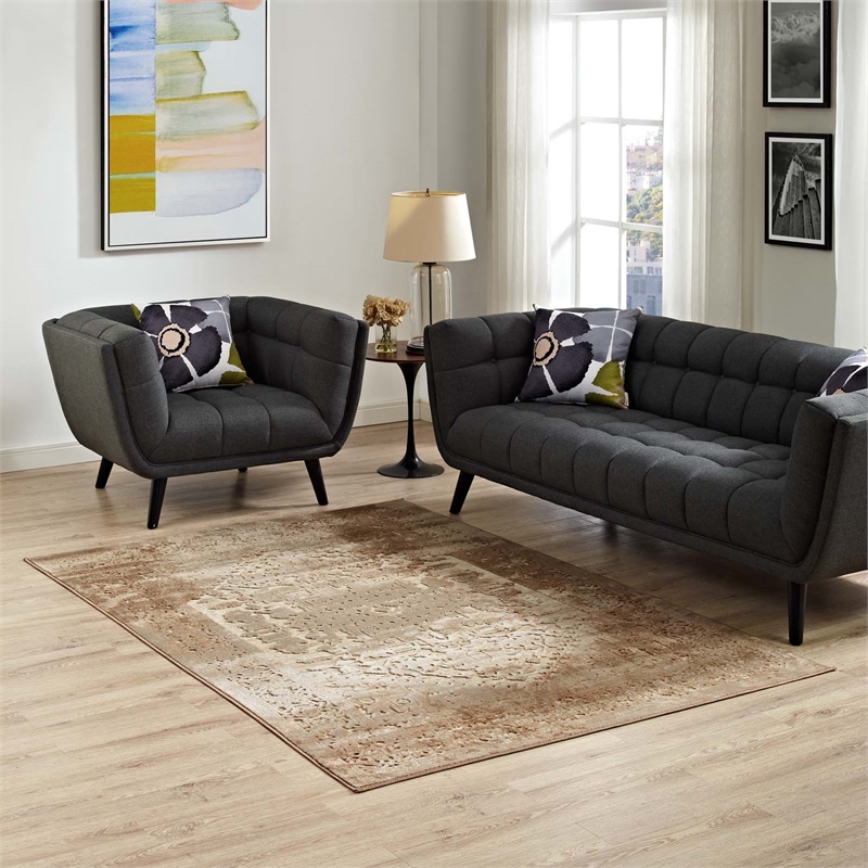 Rosina Distressed Vintage Medallion 5x8 Area Rug in Tan and Cream