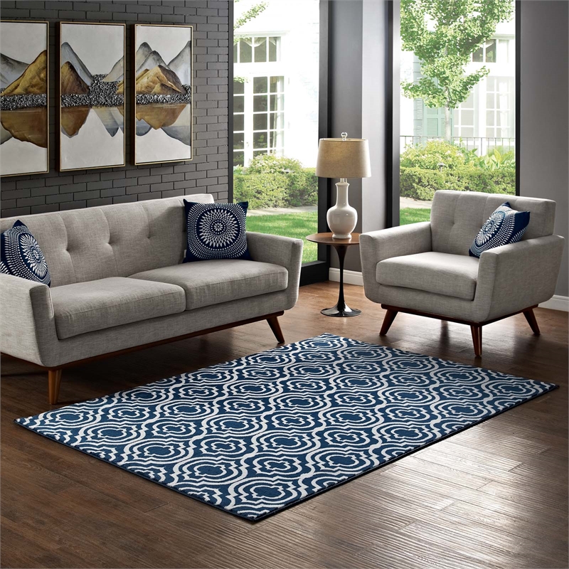 Frame Transitional Moroccan Trellis 8x10 Area Rug in Moroccan Blue and Ivory
