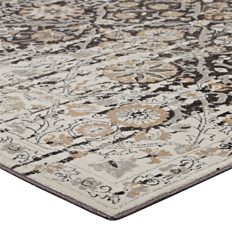 Ganesa Distressed Diamond Floral Lattice 8x10 Area Rug in Black and Beige