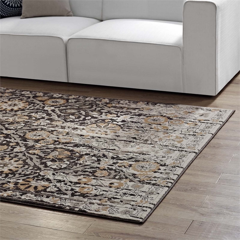 Ganesa Distressed Diamond Floral Lattice 8x10 Area Rug in Black and Beige