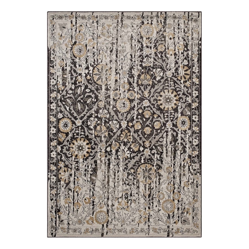 Ganesa Distressed Diamond Floral Lattice 8x10 Area Rug in Black and Beige