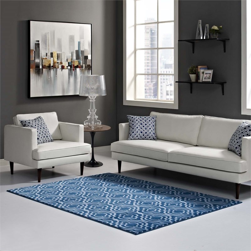 Frame Transitional Moroccan Trellis 5x8 Area Rug in Moroccan Blue and Light Blue