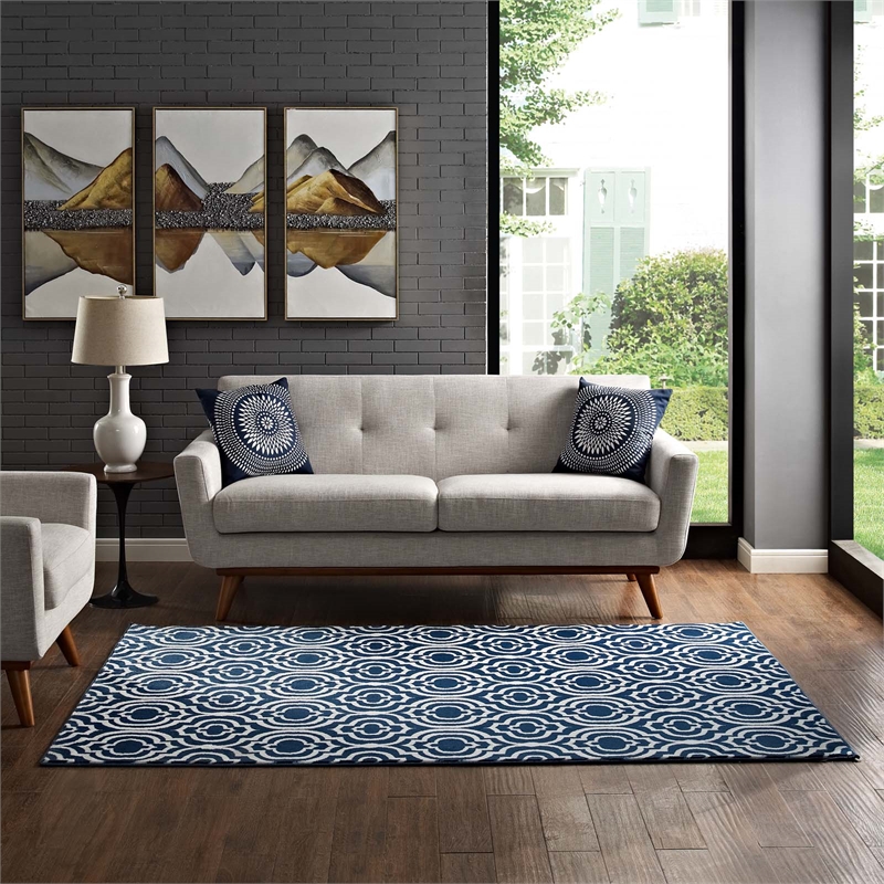 Frame Transitional Moroccan Trellis 5x8 Area Rug in Morcoccan Blue and Ivory