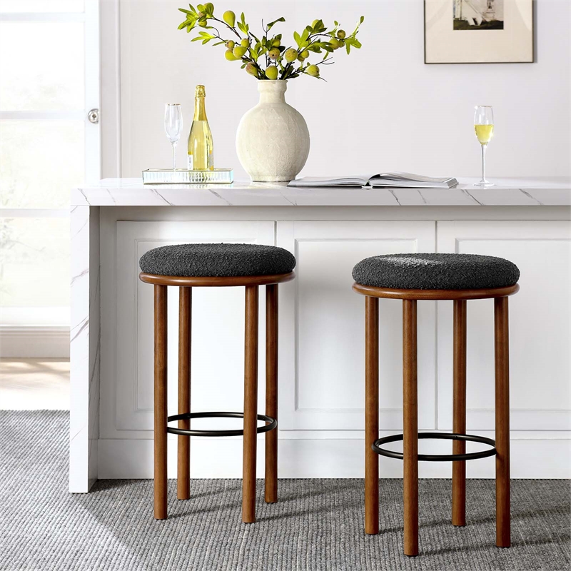 Fable Boucle Fabric Bar Stools - Set of 2 in Walnut Charcoal