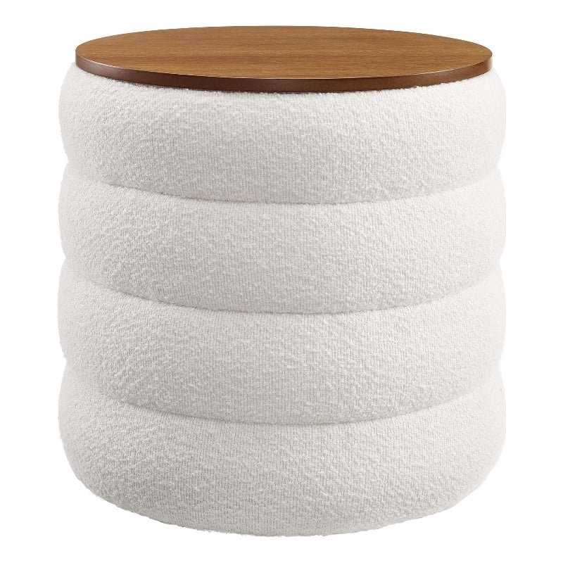 Mezzo Round Boucle Fabric Storage Ottoman in Cloud
