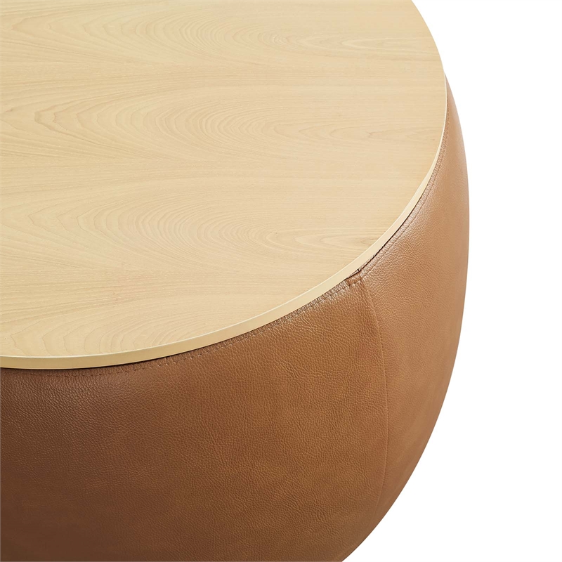 Perla Round Vegan Leather Storage Ottoman in Tan